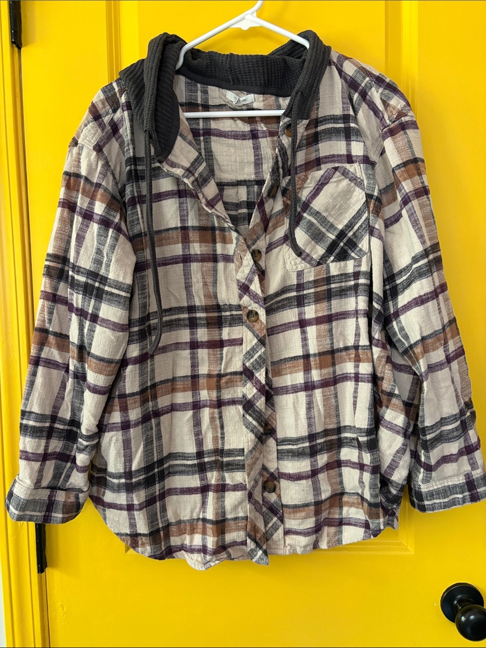 Maurices women Plaid Hooded Button-Front Purple & Brown and gray